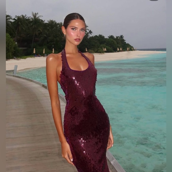 Zara Elegant Purple Sequin halter open back Dress formal evening holiday party - Picture 1 of 11
